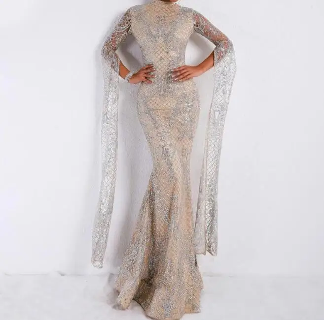 

2019 Women Sexy High Neck Long Sleeve Split Glitter Dress Female Maxi Elegant Party Dress