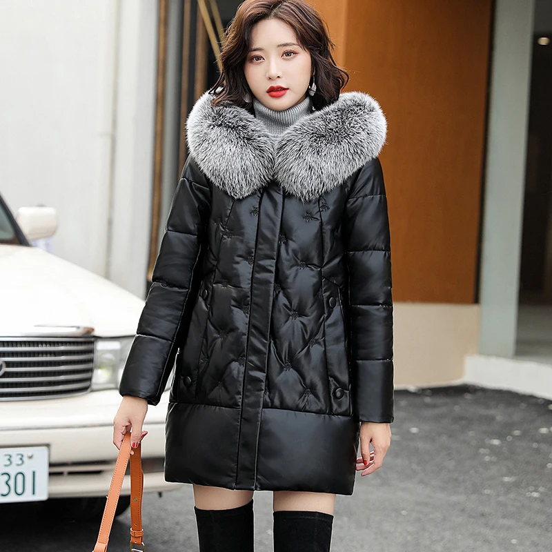 New Women Medium Sheepskin Down Coat Autumn Winter Fashion Fox Fur Collar Embroidery Thick Warm Slim Sheep Leather Down Jacket