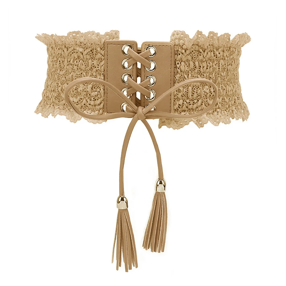 

Fashion Womens Lace Elastic Waist Belt Tassel Band Corset Fashion Lace Waist Belt Boho Waist Band Ceinture Cummerbunds #40