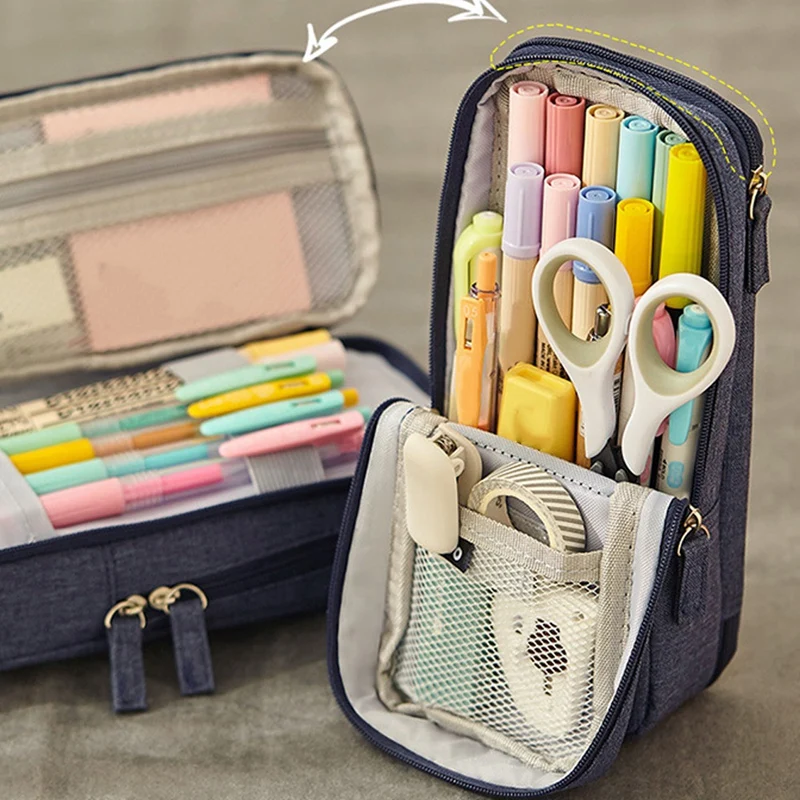 

ANGOO 2 Pcs Pen Bag Pencil Case Two Layer Foldable Stand Phone Holder Storage Pouch for Office School Black & Blue