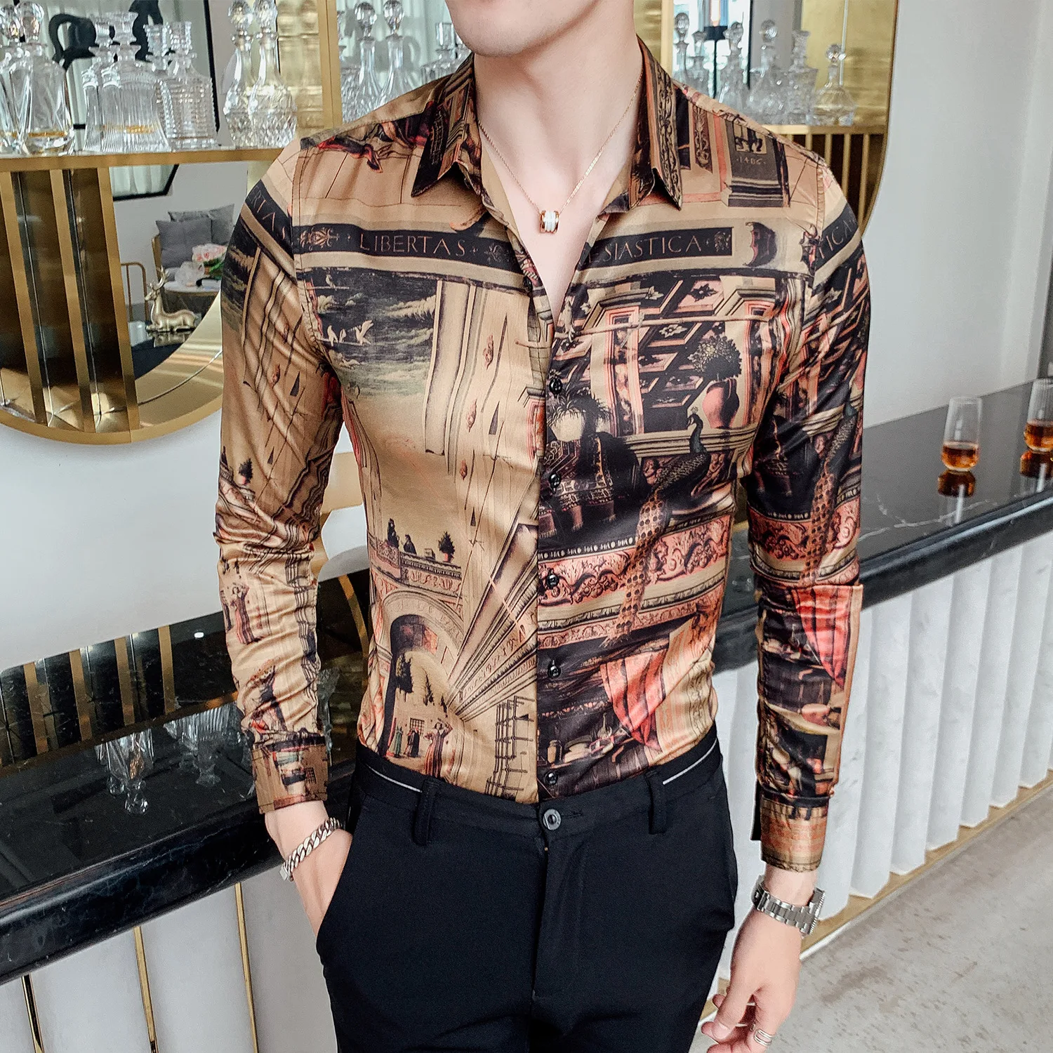 

Luxury Retro Print Men Shirt Long Sleeve Shirts Fashion Slim Fit Dress Shirts Night Club Party Social Streetwear Clothes