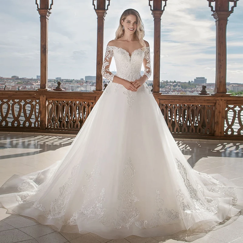 

Luxury Wedding Dresses Long Sleeve Tube Top Lace Applique Sweetheart Gowns handmade embroidery Royal Train vestidos de novia