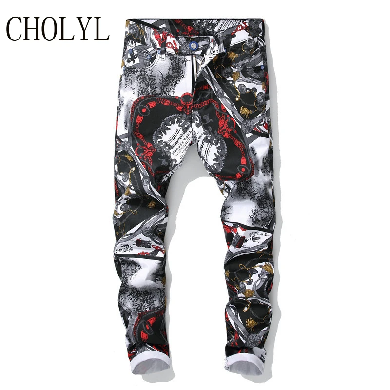 2019CHOLYL мужские модные облегающие прямые джинсы с 3D рисунком белые черные цветные
