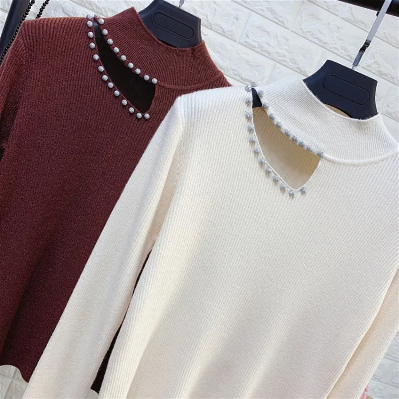 Women autumn winter knitted sweaters hollow mesh long sleeve elasticity beaded casual bottoming pullovers 3140 | Женская одежда