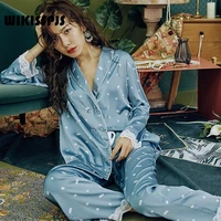 wikisspjs new ice silk pajamas spring and summer womens green fruit collar long sleeve lace satin home clothes sleep tops pjs