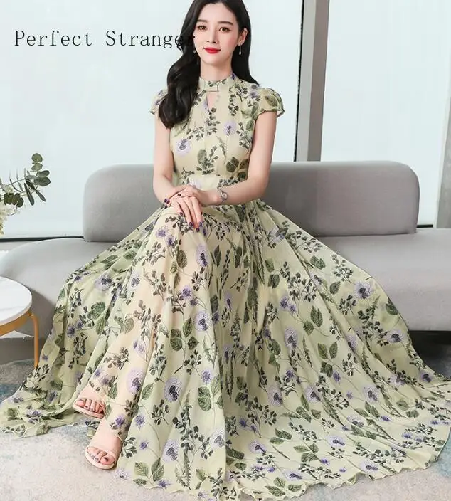 

High Quality 2020 Summer New Arrival Bohemian Style Stand Collar Short Sleeve Flower Printed Women Chiffon Long Dress