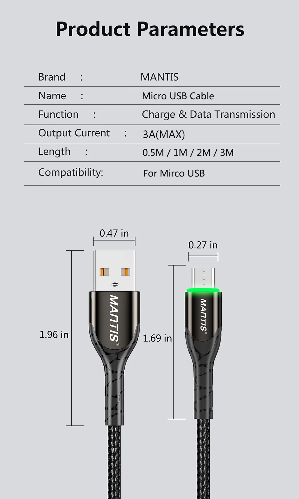 MANTIS 3 м 2 м светодиодный кабель Micro Usb для samsung Xiaomi 3A Быстрая зарядка зарядное устройство через Micro Usb Android мобильный телефон кабель для передачи данных