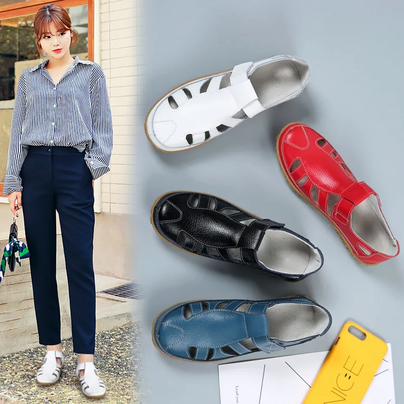 2021 Summer Women Flats Lady Loafers Retro Leather Female Casual Shoes Breathable Hook & Loop Woman's Footwear Big Size New