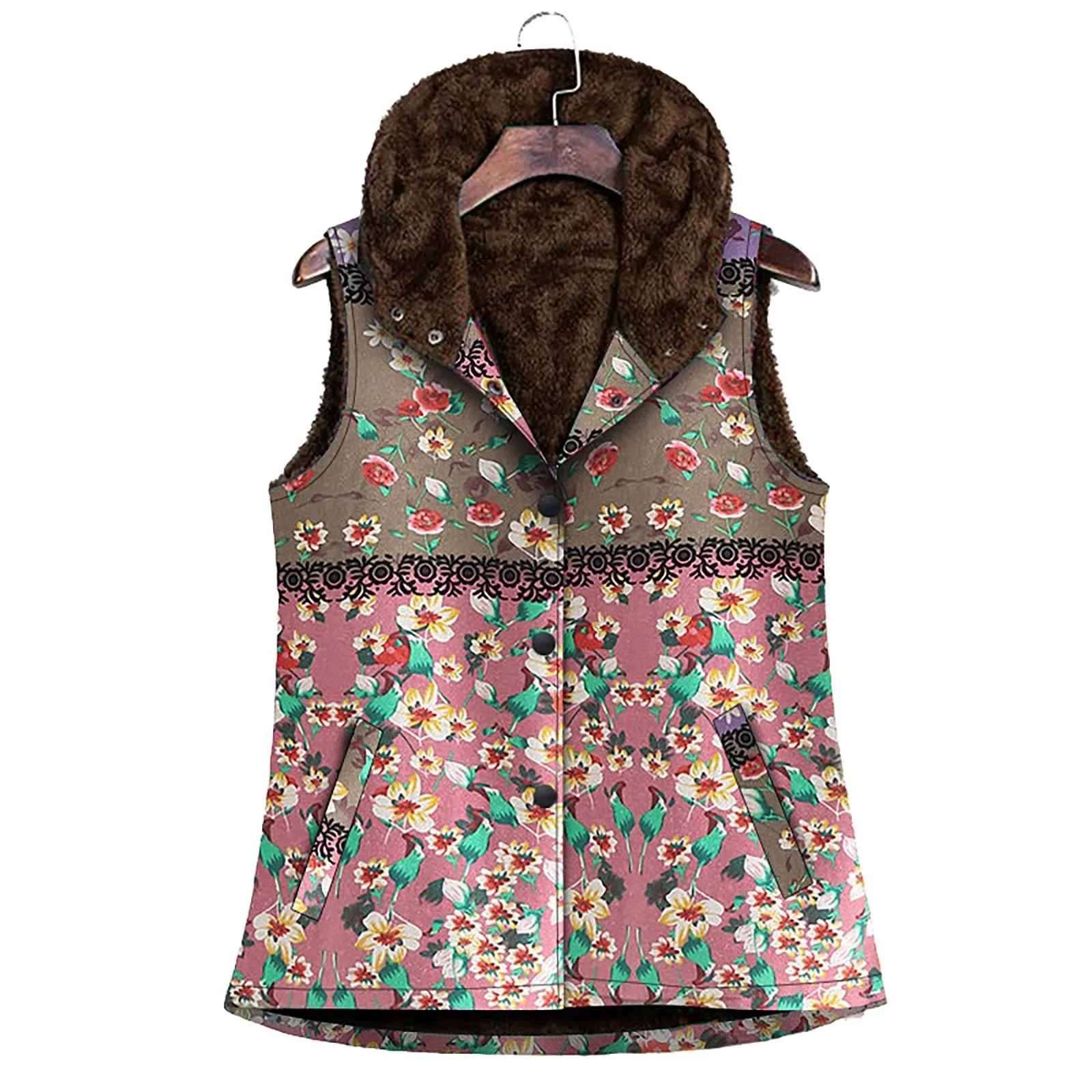 

Vintage Flower Print Spliced Vest Coat For Women Pocket Ladies Sleeveless Hooded Jacket Fall WItner Warm Tops Manteau Femme