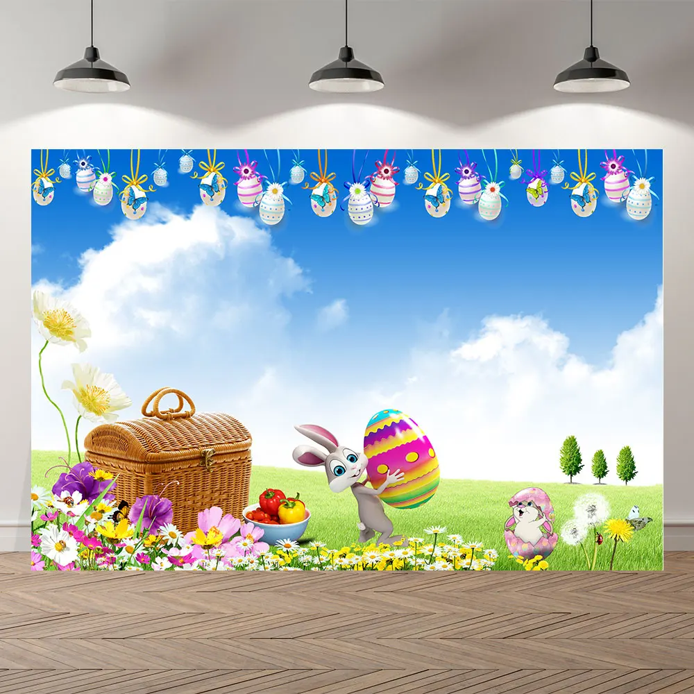 

Seekpro Backdrop for Photography Easter Holiday Bunny Meadow Party Eggs Flowers Spring Background Decorations Printed Backdrops