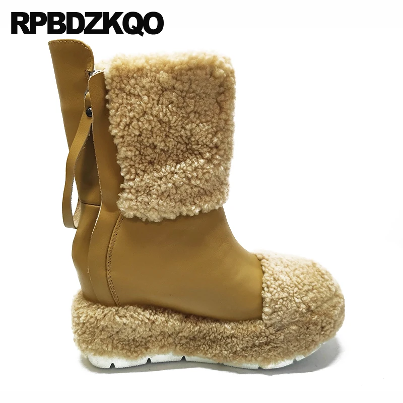 Сапоги женские зимние из овечьей шкуры на высоком каблуке с натуральным синим