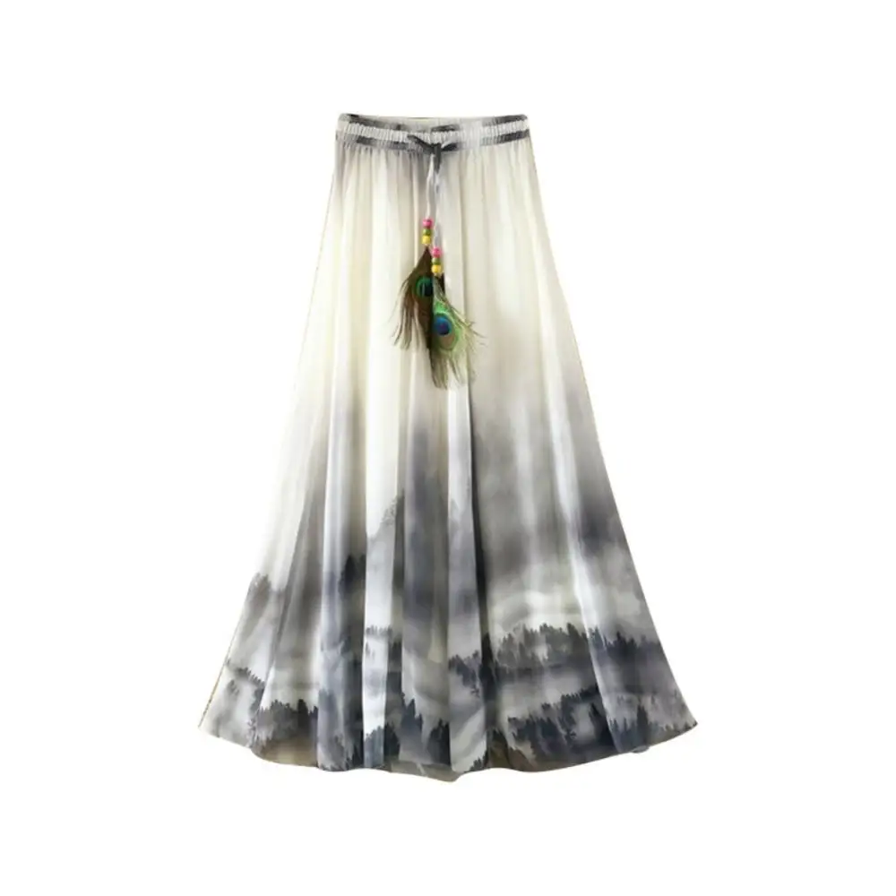 

Summer Beach Bohemian Women Chiffon Flower Print Drawstring Maxi Long Skirt