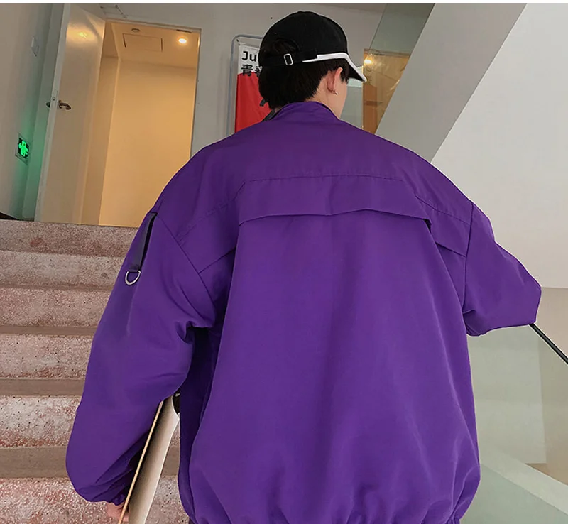 

Men Streetwear Mulit-Pockets Ribbons Jacket Windbreaker Harajuku Black Purple Hip Hop Jackets Hipster Cargo Outwear Coats