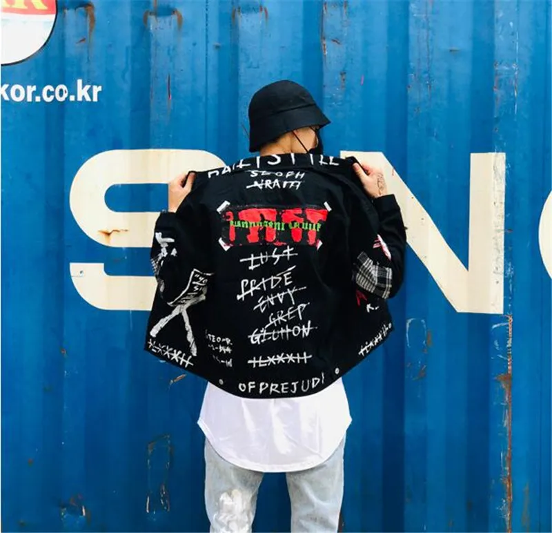

KIMSERE Man Graffiti Hip Hop Denim Trucker Jacket Fashion Hi Street Painted Jeans Outerwear Streetwear Tops Clothing With Patch
