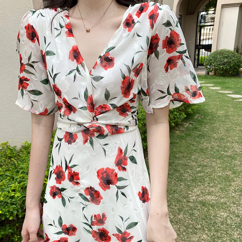 

Floral Chiffon Boho Women Dress Summer 2020 Runway Long Elegant Party Dress White Burgundy Vintage Korean Beach Vacation Dress