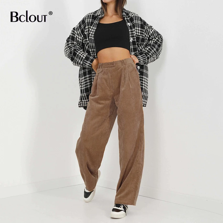 

Bclout Autumn Loose Corduroy Pants For Women High Waist Fashion Warm Wide Leg Trouser Vintage Solid Thin Long Pants Woman Street