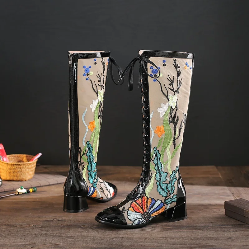 Женские сапоги в национальном стиле до колена из натуральной кожи с сетчатыми