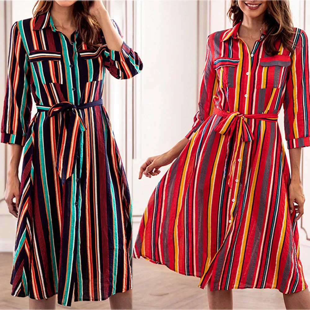 Женское платье с длинным рукавом 2019 Полосатое разноцветное свободное пляжное на