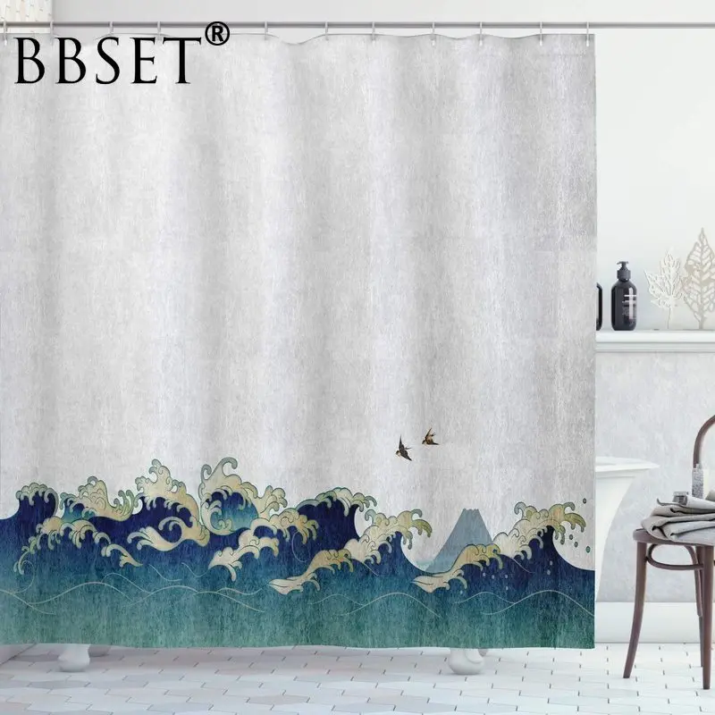 

Japanese Wave Shower Curtain Swirls Birds of Ocean Ukiyoe Style Pattern Waterproof Multi-size Douchegordijn Bathroom Decor
