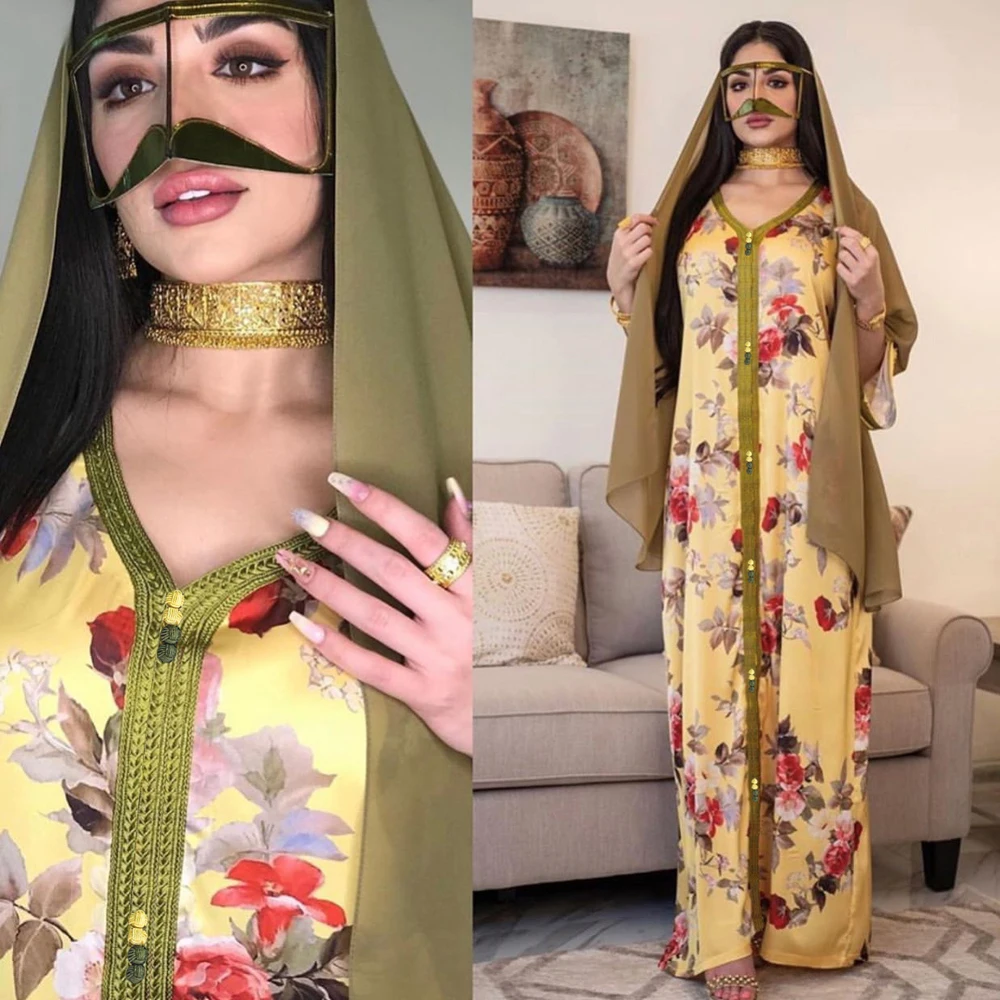 AB077 Прямая доставка; Элегантные размера плюс платье желтого цвета с цветочным принтом абаи 2021 женский мусульманский женский кафтан арабски...