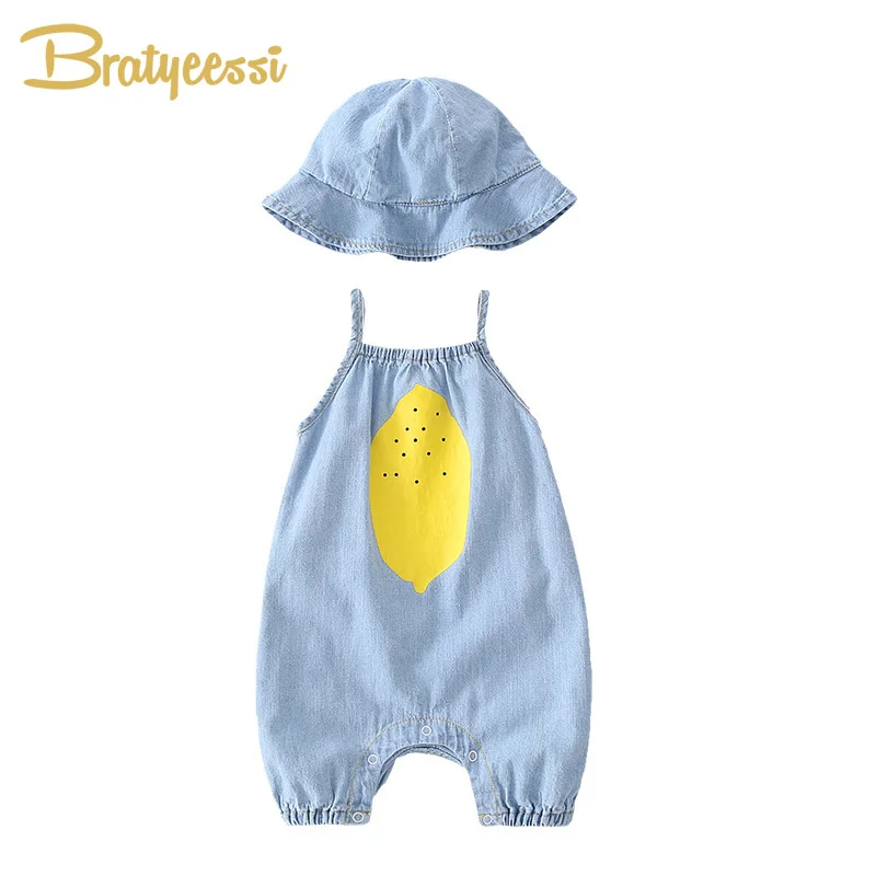 Летний детский комбинезон с шапкой джинсовая детская одежда хлопковый для