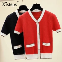 xisteps knitted women sweater cardigan ice silk autumn short sleeve v neck pearl button shirt new 2020 ladies casual streetwear