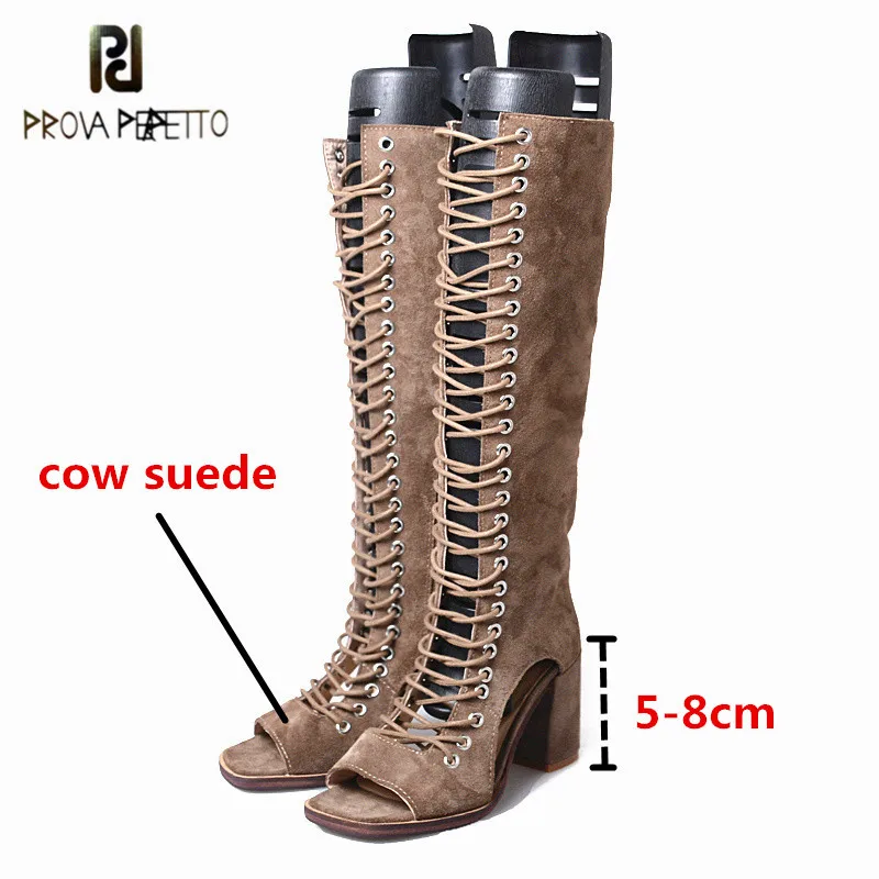 

Prova Perfetto Classics Cow Suede Women Thigh High Sandals Solid Color Open-toed Crude High Heel Breathable Leisure Women Shoes