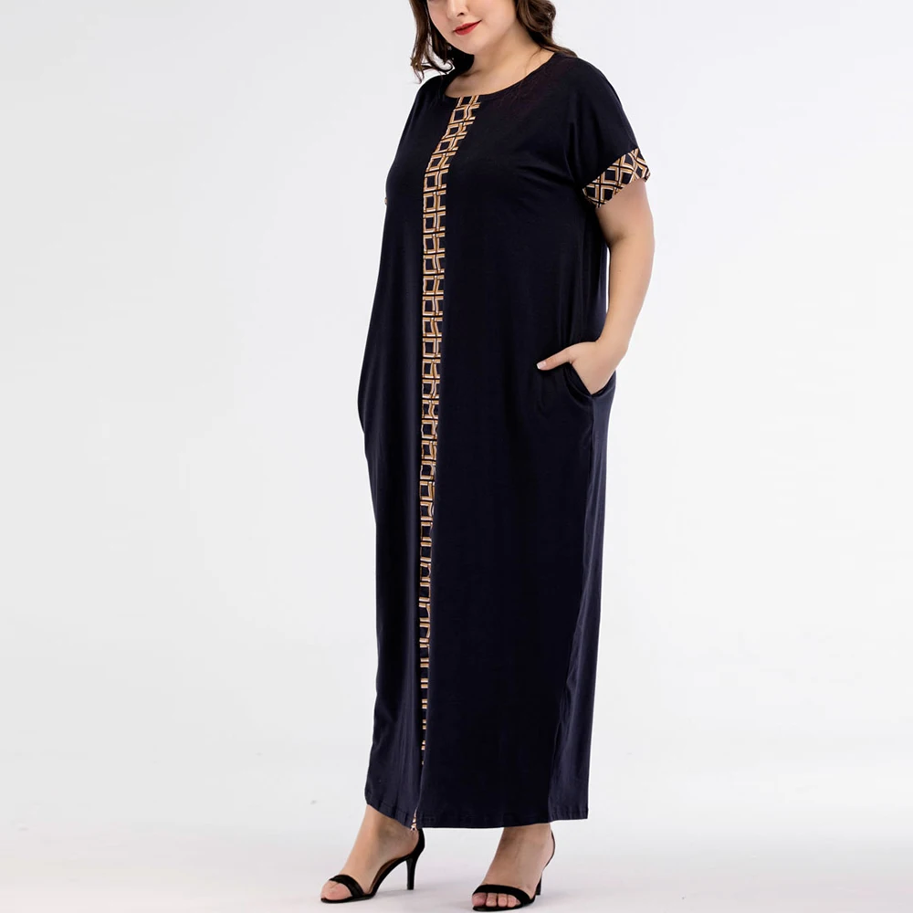 Женское платье-макси с круглым вырезом и коротким рукавом большого размера |