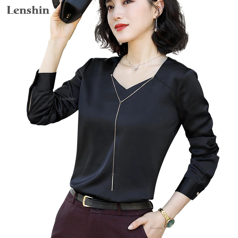 Lenshin рубашки с v-образным вырезом для женщин высокое качество блузка цепочкой