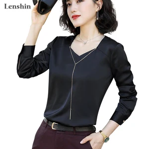 Lenshin, рубашки с v-образным вырезом для женщин, высокое качество, блузка с цепочкой, рабочая одежда, офисные женские топы, сорочка, свободный стиль