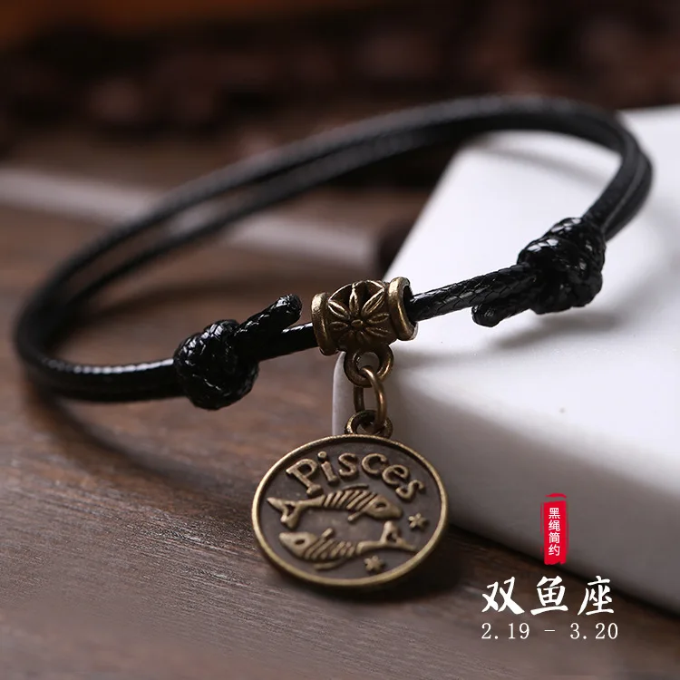 Pisces Women Vintage Black Rope Chain Anklets 12 Constellations Couple Bohemian Ankle Bracelet Lovers Accessories Boho Foot Jewelry - Окраска металла: Pisces