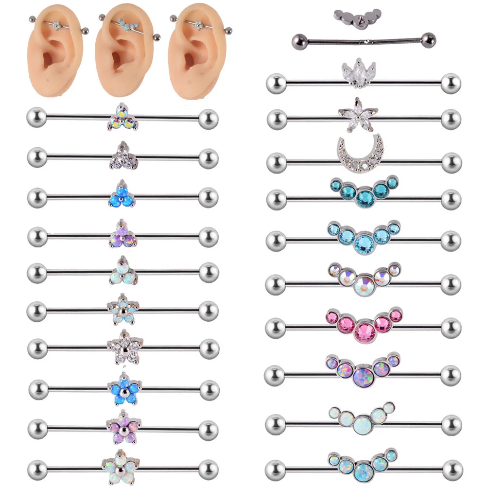 

1PCS 14G G23 Titanium Industrial Barbell Ring Opal Flower Cartilage Earring Cz Barbell Helix Body Piercing Jewelry Oreja Ring