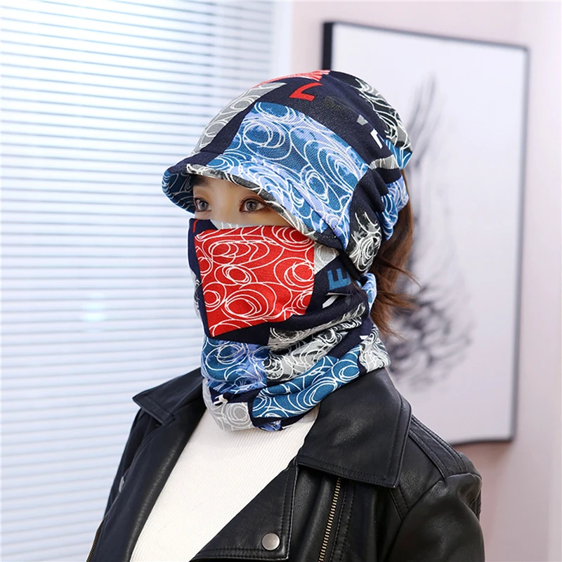 

Women Autumn Winter 2 In 1 Hat Print Scarf Cap Warm Beanie Bonnet Hat Retro Fashion Hat Hip Pop Caps