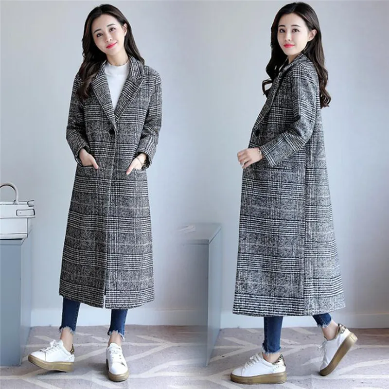

Fashion Women Coat Plaid Classics Female Loose Long Single Breasted Coats 2021 Autumn Winter Jackets Trench Outerwear