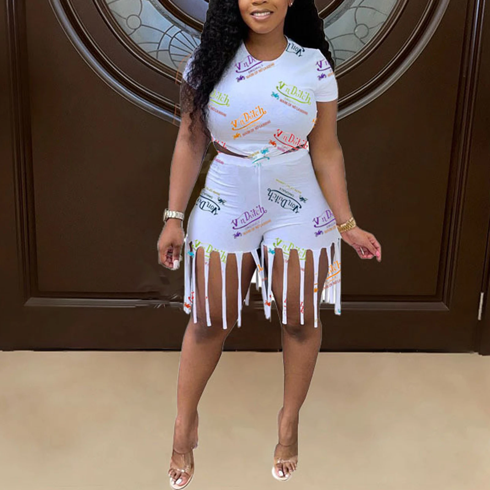 

Women Letter Print Clothes Set Short Sleeve O-neck Knot Cropped Tops + High Waist Shorts with Tassels
