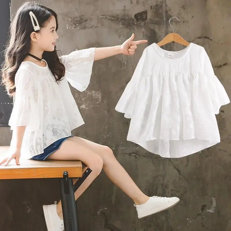 

Girls short-sleeved t-shirt summer new Korean version of loose children's summer clothes foreign style big boy chiffon shirt
