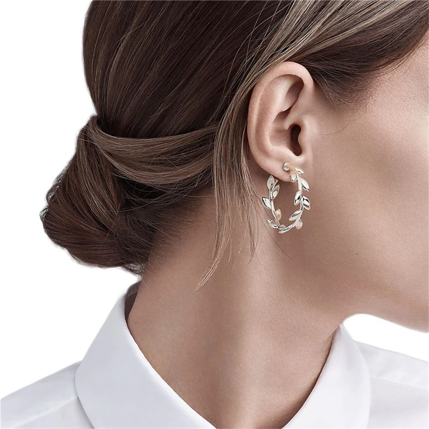 

925 Women's Sterling Silver Stud Earrings Forest Department Olive Leaf Ring Stud Earrings Women's All-Match Personalized Jewelry