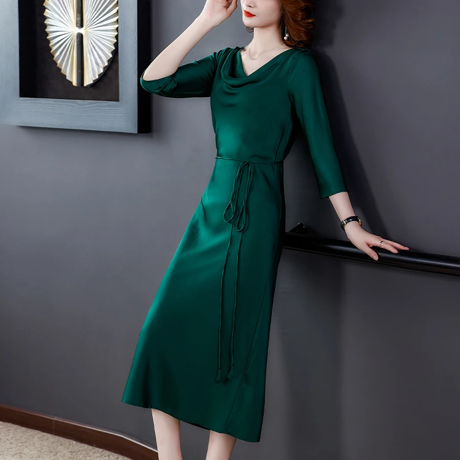 Женское атласное шелковое платье с v-образным вырезом винтажное зеленое тонкое