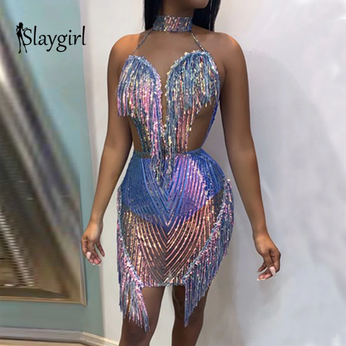 Slaygirl, сексуальное женское платье с открытой спиной, с блестками, вечерние, летние, Клубные, сетчатые, с кисточками, мини платья, элегантные, Vestidos