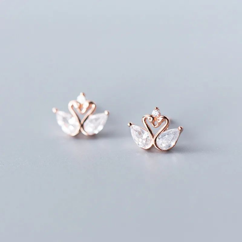 Style Chic Elegant Love Swan Ear Studs 925 Sterling Silver Clear CZ Stud Earrings Engagement Statement Jewelry | Украшения и