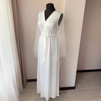 ivory pearl tulle robe prom dress with lace sleeves for wedding dress custom made dress