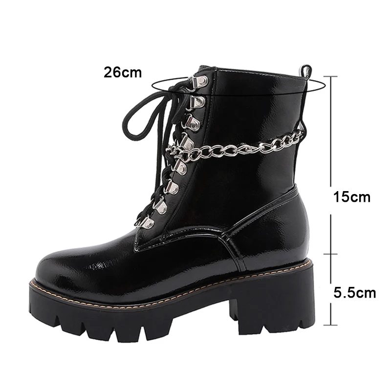 Women Ankle Boots Fashion Black Metal Chain Gothic Shoes Casual Lace Up Square Heels Platform Size 34-43 | Обувь