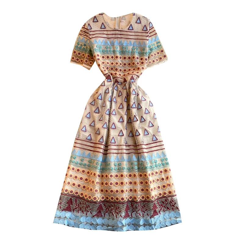 

European and American first love dress round neck short sleeve slim chic mesh Embroidery Crochet