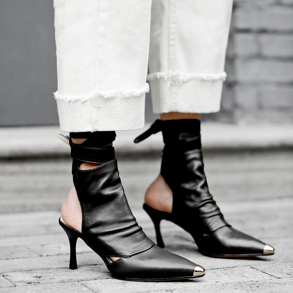 

BERZIMER Sheepskin Ankle Boots for Women Ankle Wrap 7.5CM Slim Heels Booties Summer Zapatos Ladies Shoes Woman Size 40 41 42