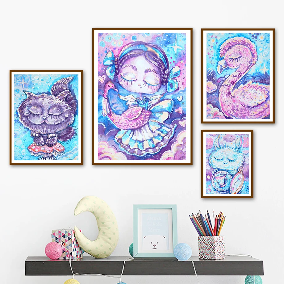 

Cartoon Cat Flamingo Bunny Girl Dream Wall Art Canvas Painting Nordic Posters And Prints Wall Pictures Kids Room Nursery Decor