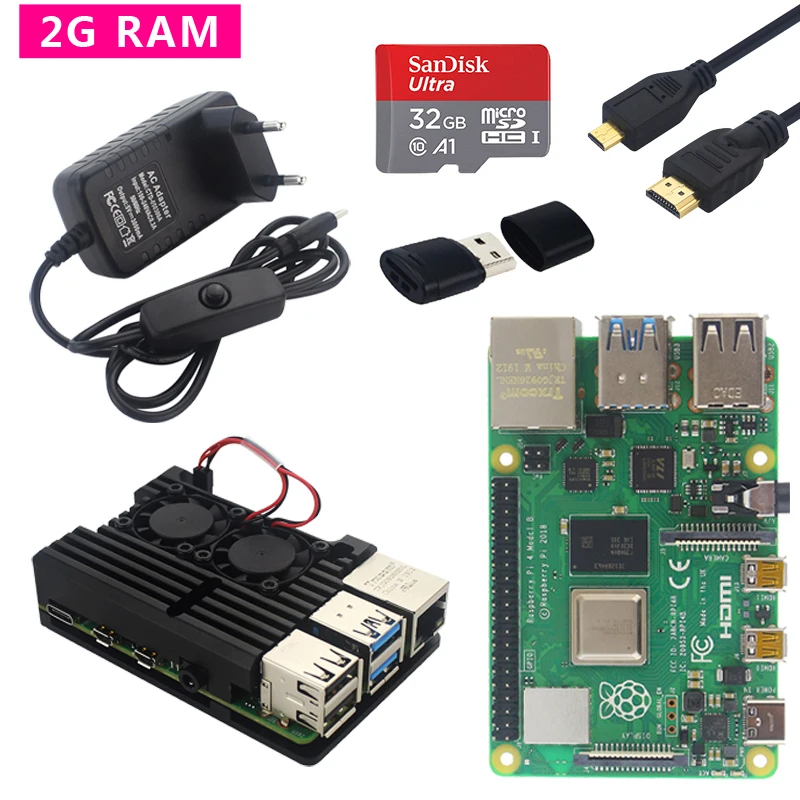 Raspberry Pi 4 Модель B комплект двойной вентилятор Алюминиевый Чехол+ переключатель адаптер питания+ Micro HDMI кабель+ 32 ГБ sd-карта для Pi 4 4B