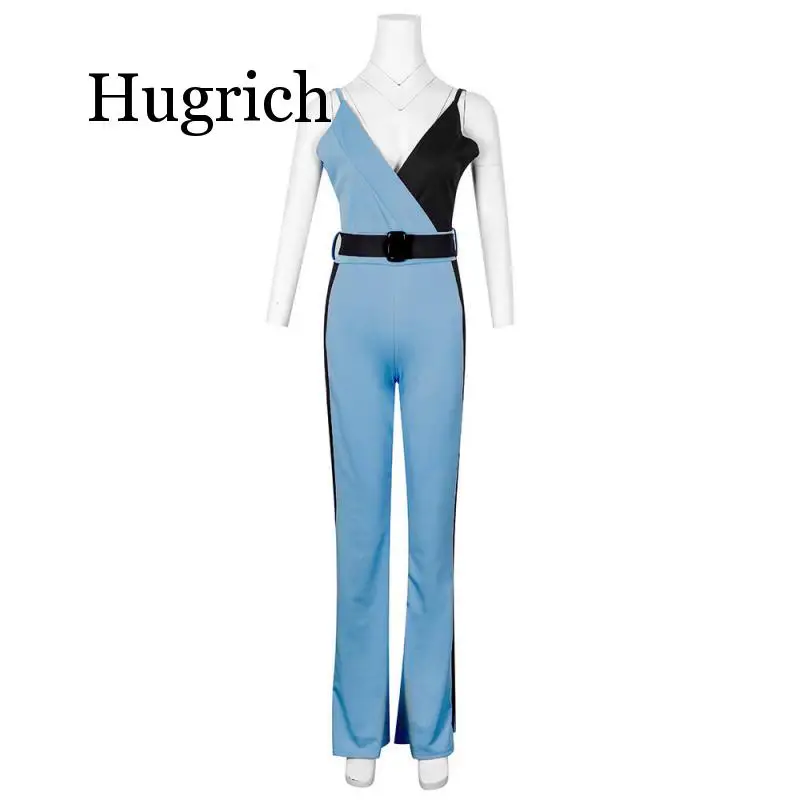 Color Block Spaghetti Strap Jumpsuits Elegant Rompers Women Jumpsuit Striped Pants Office Ladies Bodysuits V Neck Belted Trouser ruffle strap belted pinafore jumpsuit