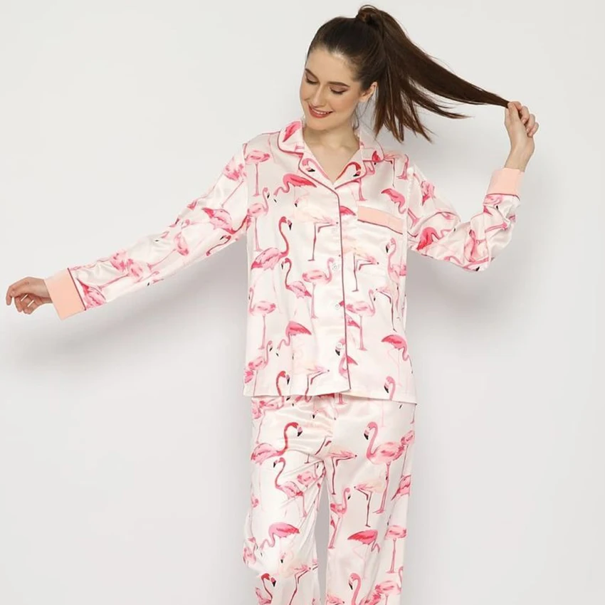 

Restve Flamingo Pattern Sleepwear Female 2 Piece Set Satin Turn Down Collar Long Sleeve Tops Pocket Autumn Women Sets With Pants