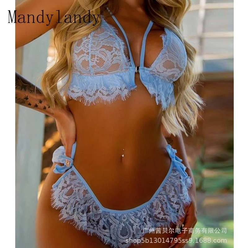 

Mandylandy Blue Sexy Lace Underwear Set Women Lace Tulle Lingerie Set Nightwear Exotic Sets Bra Two Piece Underwear Sleepwear
