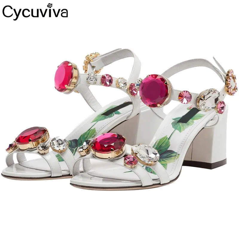 

Женские босоножки на квадратном каблуке, модельные босоножки без задника с цветами, роскошные сандалии с драгоценным камнем, Классическая ...